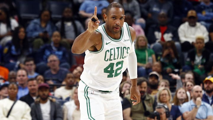 Mar 31, 2025; Memphis, Tennessee, USA; Boston Celtics center Al Horford (42) reacts after a basket during the fourth quarter against the Memphis Grizzlies at FedExForum. Mandatory Credit: Petre Thomas-Imagn Images