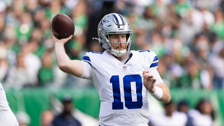 Dec 29, 2024; Philadelphia, Pennsylvania, USA; Dallas Cowboys quarterback Cooper Rush (10) passes the ball against the Philadelphia Eagles during the second quarter at Lincoln Financial Field. Mandatory Credit: Bill Streicher-Imagn Images