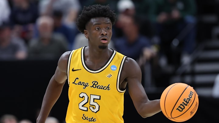 Mar 21, 2024; Salt Lake City, UT, USA; Long Beach State 49ers guard Aboubacar Traore (25) dribbles