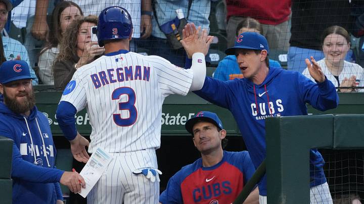 Jun 17, 2026; Chicago, Illinois, USA; Chicago Cubs third baseman Alex Bregman (3) is greeted by manager Craig Counsell (11) after scoring against the Colorado Rockies during the second inning at Wrigley Field. Mandatory Credit: David Banks-Imagn Images
