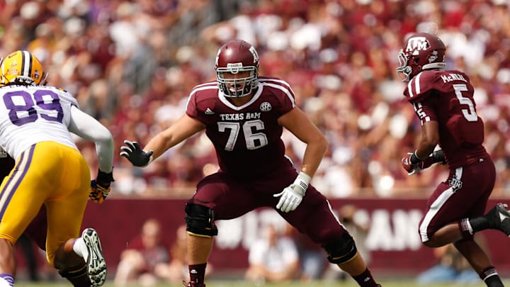 Oct 20, 2012; College Station, TX, USA; Texas A&M Aggies offensive linesman Luke Joeckel (76) against the LSU Tigers during the third quarter at Kyle Field. Mandatory Credit: Thomas Campbell