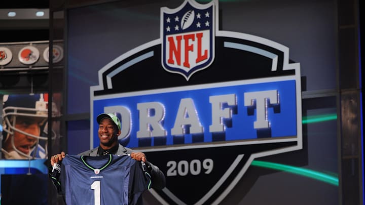 Apr 25, 2009; New York, NY, USA; NFL commissioner Roger Goodell introduces linebacker Aaron Curry (Wake Forest) as the number 4 overall pick to the Seattle Seahawks in the 2009 NFL Draft at Radio City Music Hall in New York City. Mandatory Credit: James Lang-Imagn Images