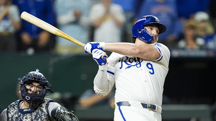 Kansas City Royals first base Vinnie Pasquantino (9) bats during the ninth inning against the New York Yankees in game four of the ALDS for the 2024 MLB Playoffs at Kauffman Stadium on Oct 10.