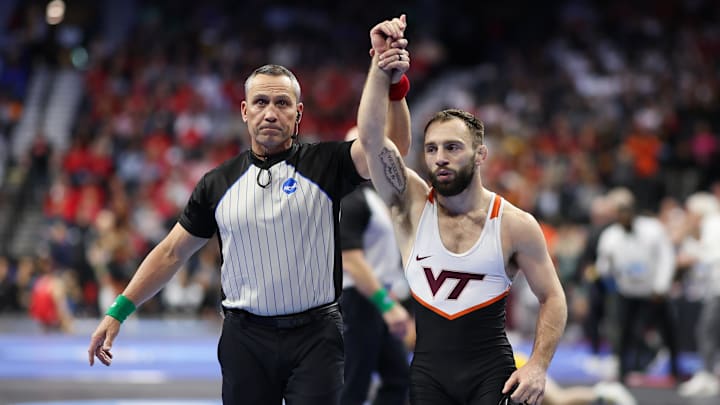 Mar 20, 2025; Philadelphia, PA, USA; Eddie Ventresca of Virginia Tech wins his match against Gylon Sims (not pictured) during day one of the NCAA Wrestling championships at Wells Fargo Center. Mandatory Credit: Bill Streicher-Imagn Images