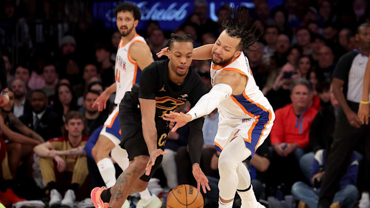 Cleveland Cavaliers guard Darius Garland and New York Knicks guard Jalen Brunson. Mandatory Credit: Brad Penner-Imagn Images