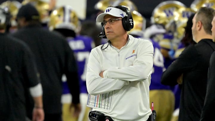 Dec 13, 2025; Inglewood, CA, USA;  Washington Huskies head coach Jedd Fisch in the first half of the LA Bowl against the Boise State Broncos at SoFi Stadium. Mandatory Credit: Jayne Kamin-Oncea-Imagn Images