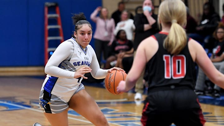 Decatur dribbles in the game against Bennett Monday, March 3, 2025, in Berlin, Maryland. Decatur defeated Bennett 63-59 in the 3A Region I Semi-final.