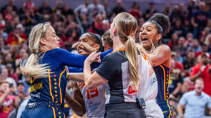 Jun 17, 2025: Indiana Fever guard Sophie Cunningham and Connecticut Sun guard Jacy Sheldon get into a fight in the second half.
