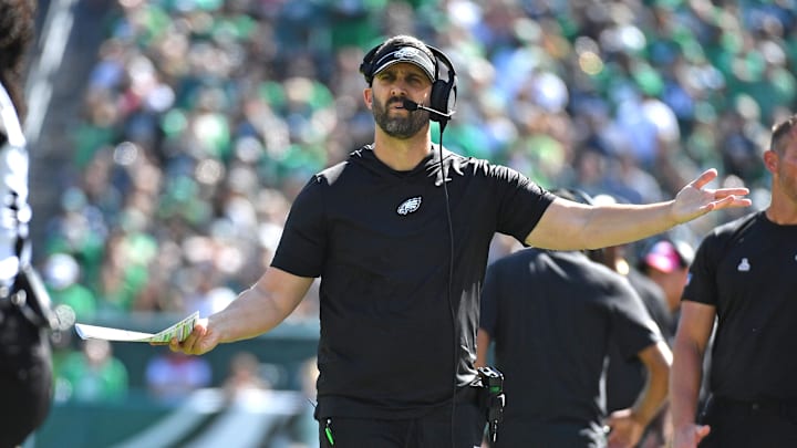 Oct 1, 2023; Philadelphia, Pennsylvania, USA; Philadelphia Eagles head coach Nick Sirianni questions