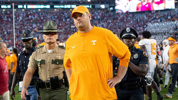Tennessee head coach Josh Heupel walks off the field after a football game between Tennessee and Alabama at Bryant-Denny Stadium in Tuscaloosa, Ala., on Saturday, Oct. 21, 2023.