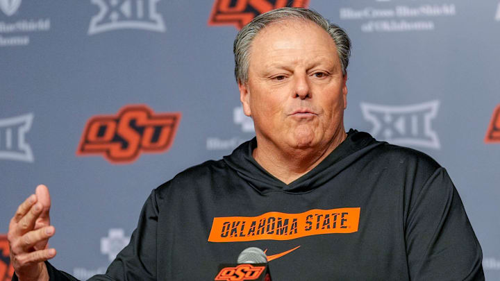 Oklahoma State defensive coordinator Todd Grantham speaks during a press conference at Boone Pickens Stadium in Stillwater Okla., on Thursday, Jan. 23, 2025.