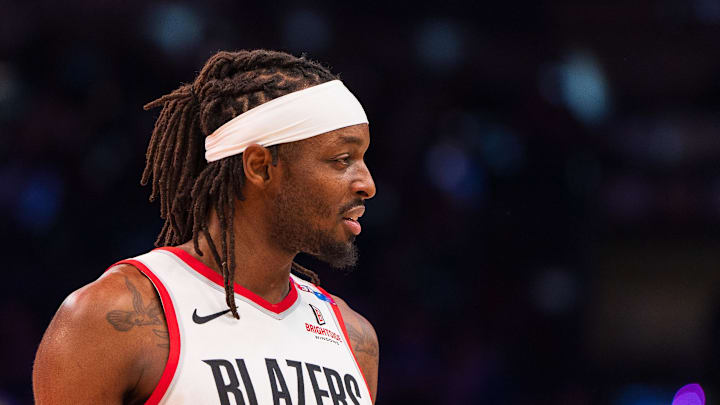 Dec 15, 2024; Phoenix, Arizona, USA; Portland Trail Blazers forward Jerami Grant (SF) reacts between plays in the first half during a game against the Phoenix Suns at Footprint Center. Mandatory Credit: Allan Henry-Imagn Images