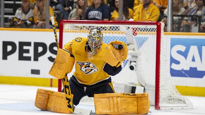 May 3, 2024; Nashville, Tennessee, USA; Nashville Predators goaltender Juuse Saros (74) makes a