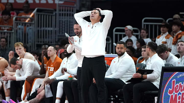 Nov 15, 2025; Austin, Texas, USA; Texas Longhorns head coach Sean Miller reacts during the second half against the Kansas City Roos at Moody Center. Mandatory Credit: Dustin Safranek-Imagn Images