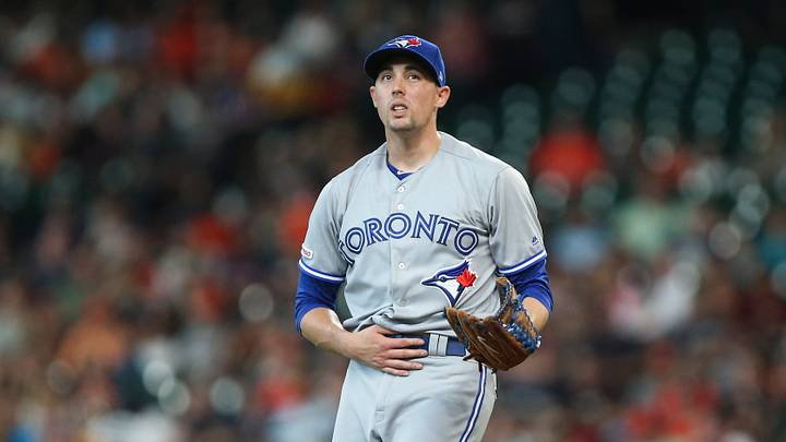 Jun 14, 2019; Houston, TX, USA; Toronto Blue Jays starting pitcher Aaron Sanchez (41) reacts after a play against the Houston Astros during the first inning at Minute Maid Park. Mandatory Credit: Troy Taormina-USA TODAY Sports