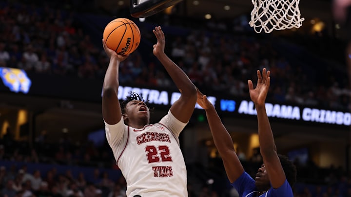 Mar 20, 2026; Tampa, FL, USA; Alabama Crimson Tide forward Aiden Sherrell (22) shoots against Hofstra Pride forward Victory Onuetu (6) in the second half during a first round game of the men's 2026 NCAA Tournament at Benchmark International Arena. Mandatory Credit: Matt Pendleton-Imagn Images Mar 20, 2026; Tampa, FL, USA; Alabama Crimson Tide forward Aiden Sherrell (22) shoots against Hofstra Pride forward Victory Onuetu (6) in the second half during a first round game of the men's 2026 NCAA Tournament at Benchmark International Arena. Mandatory Credit: Matt Pendleton-Imagn Images