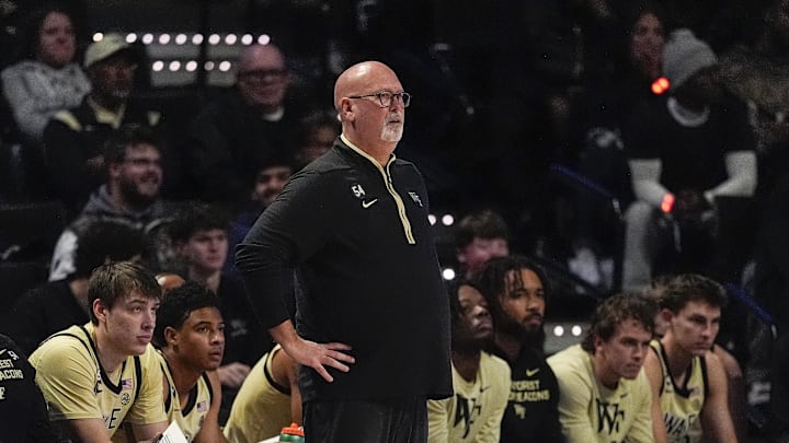 Dec 2, 2025; Winston-Salem, North Carolina, USA; Wake Forest Demon Deacons head coach Steve Forbes during the first half against the Oklahoma Sooners at Lawrence Joel Veterans Memorial Coliseum. Mandatory Credit: Jim Dedmon-Imagn Images Dec 2, 2025; Winston-Salem, North Carolina, USA; Wake Forest Demon Deacons head coach Steve Forbes during the first half against the Oklahoma Sooners at Lawrence Joel Veterans Memorial Coliseum. Mandatory Credit: Jim Dedmon-Imagn Images