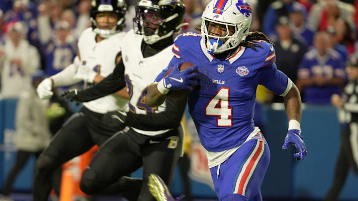 Buffalo Bills running back James Cook carries the ball almost into the end zone on this plus 10-yard carry during the second half of their game against the Baltimore Ravens at Highmark Stadium in Orchard Park on Sept. 7, 2025.