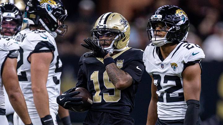 Aug 15, 2026; New Orleans, Louisiana, USA; New Orleans Saints wide receiver Barion Brown (19) reacts to making a first down against Jacksonville Jaguars safety Jalen Huskey (22) during the first half at Caesars Superdome. Mandatory Credit: Stephen Lew-Imagn Images Aug 15, 2026; New Orleans, Louisiana, USA; New Orleans Saints wide receiver Barion Brown (19) reacts to making a first down against Jacksonville Jaguars safety Jalen Huskey (22) during the first half at Caesars Superdome. Mandatory Credit: Stephen Lew-Imagn Images