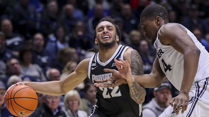 Feb 21, 2024; Cincinnati, Ohio, USA; Providence Friars guard Devin Carter (22) dribbles against Xavier. 