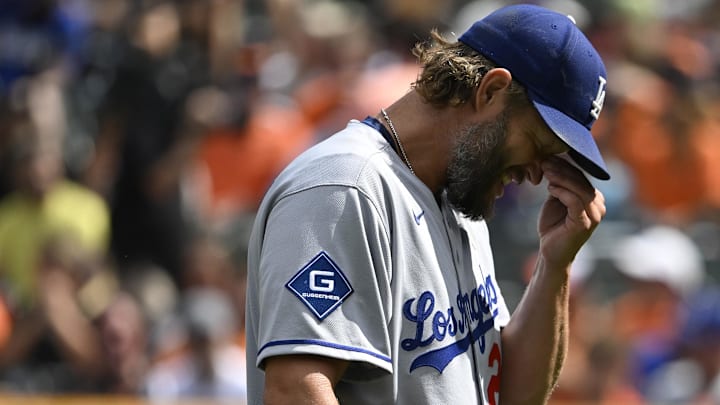 Sep 7, 2025; Baltimore, Maryland, USA;  Los Angeles Dodgers pitcher Clayton Kershaw (22) walks to the dugout after the bottom of the second inning against the Baltimore Orioles at Oriole Park at Camden Yards. Mandatory Credit: Tommy Gilligan-Imagn Images
