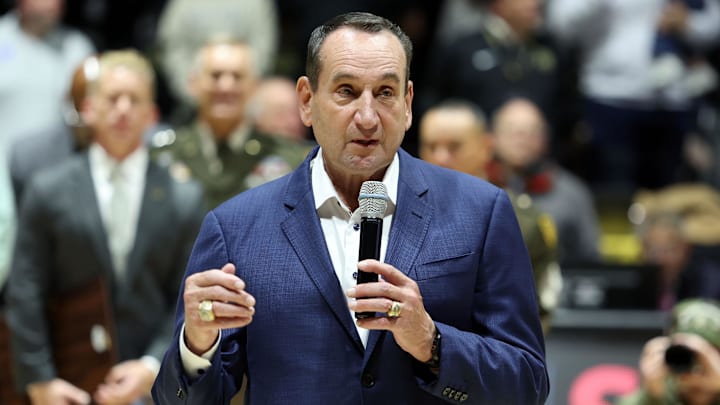 Former Duke Blue Devils and Army head coach Mike Krzyzewski is honored by West Point before a game between the Army Black Knights and Duke Blue Devils at Christl Arena. 