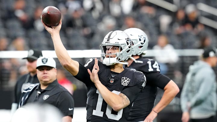 Dec 22, 2024; Paradise, Nevada, USA; Las Vegas Raiders quarterback Desmond Ridder (10) warms up before a game against the Jacksonville Jaguars at Allegiant Stadium. Mandatory Credit: Stephen R. Sylvanie-Imagn Images