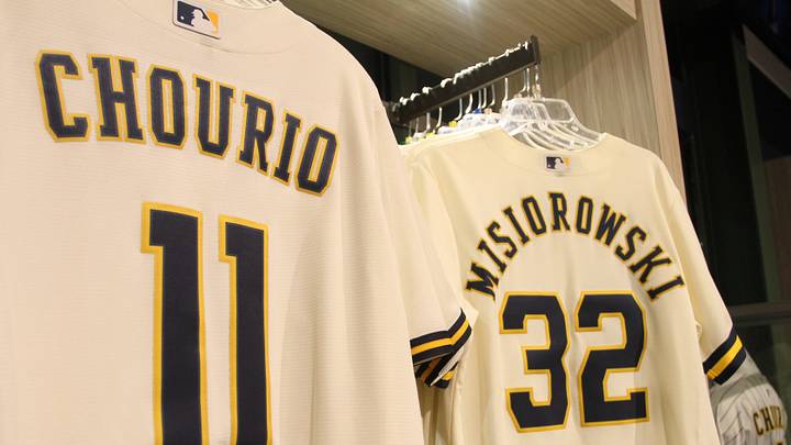 Jerseys for Jackson Chourio and Jacob Misiorowski hang in the Milwaukee Brewers team store. Jerseys for Jackson Chourio and Jacob Misiorowski hang in the Milwaukee Brewers team store.
