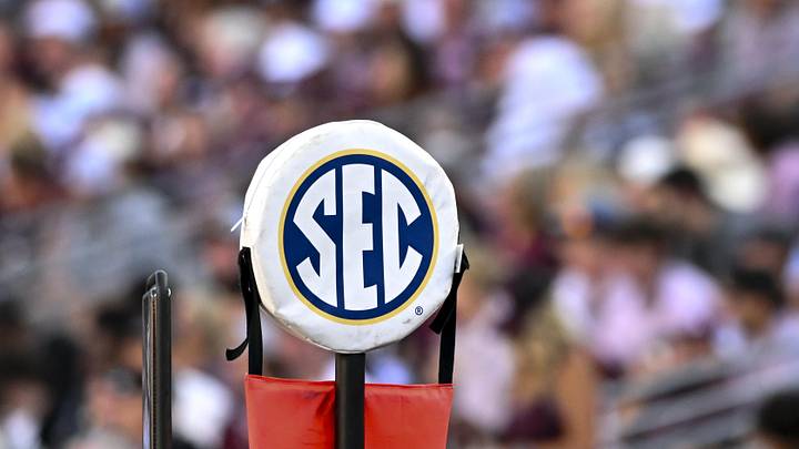 Sep 27, 2025; College Station, Texas, USA; A detail view of the SEC logo on a chain marker during the game between the Texas A&M Aggies and the Auburn Tigers at Kyle Field. Mandatory Credit: Maria Lysaker-Imagn Images 