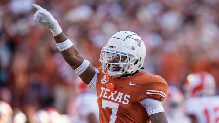 Texas Longhorns defensive back Jahdae Barron celebrates a turnover against Clemson Tigers in thein the first round of the NCAA College Football Playoffs on Dec. 21, 2024, at Darrell K Royal Texas Memorial Stadium in Austin, Texas. Texas Longhorns defensive back Jahdae Barron celebrates a turnover against Clemson Tigers in thein the first round of the NCAA College Football Playoffs on Dec. 21, 2024, at Darrell K Royal Texas Memorial Stadium in Austin, Texas.