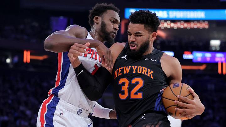 Oct 27, 2026; New York, New York, USA; New York Knicks center Karl-Anthony Towns (32) drives to the basket against Detroit Pistons forward Paul Reed (7) during the first quarter at Madison Square Garden. Mandatory Credit: Brad Penner-Imagn Images Oct 27, 2026; New York, New York, USA; New York Knicks center Karl-Anthony Towns (32) drives to the basket against Detroit Pistons forward Paul Reed (7) during the first quarter at Madison Square Garden. Mandatory Credit: Brad Penner-Imagn Images
