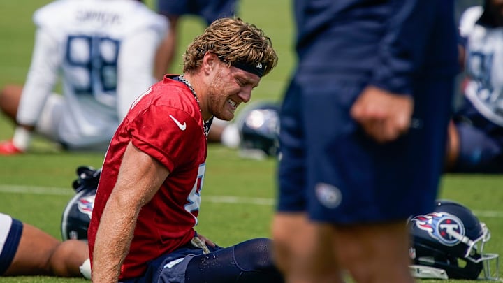 Tennessee Titans quarterback Will Levis (8) stretches during minicamp practice at Ascension Saint Thomas Sports Park in Nashville, Tenn., Wednesday, June 11, 2025.