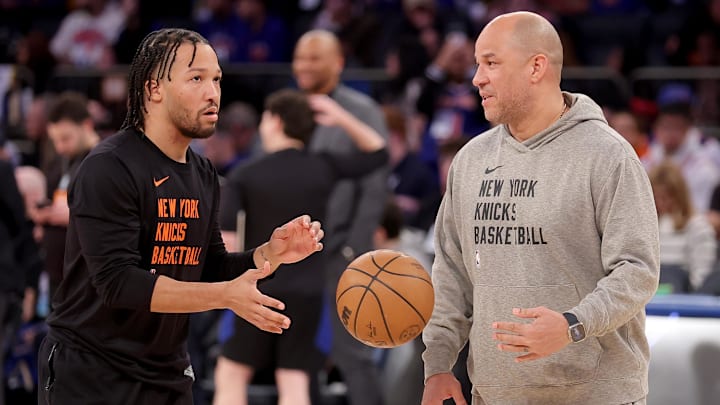 Feb 29, 2024; New York, New York, USA; New York Knicks guard Jalen Brunson (11) warms up with assistant coach Rick Brunson (right) before a game against the Golden State Warriors at Madison Square Garden. Mandatory Credit: Brad Penner-Imagn Images
