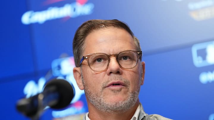 Oct 24, 2025; Toronto, Ontario, CAN; Toronto Blue Jays general manager Ross Atkins speaks to the media. Oct 24, 2025; Toronto, Ontario, CAN; Toronto Blue Jays general manager Ross Atkins speaks to the media.