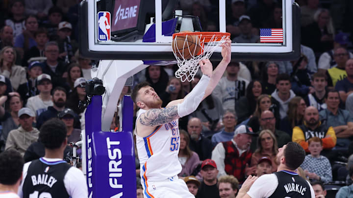 Nov 21, 2025; Salt Lake City, Utah, USA; Oklahoma City Thunder center Isaiah Hartenstein (55) dunks against the Utah Jazz during the second half at Delta Center. Mandatory Credit: Rob Gray-Imagn Images