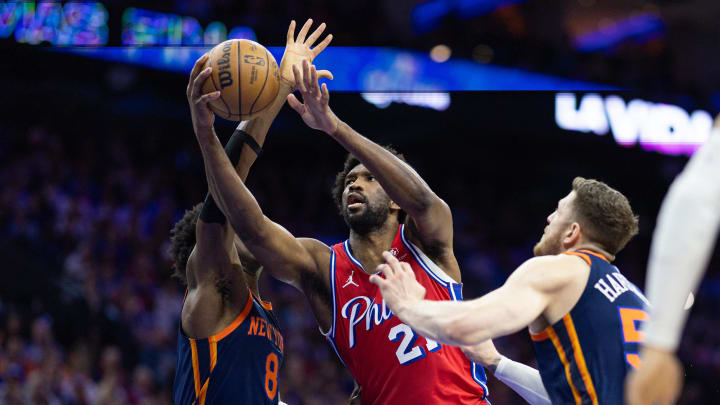 Apr 28, 2024; Philadelphia, Pennsylvania, USA; Philadelphia 76ers center Joel Embiid (21) drives for