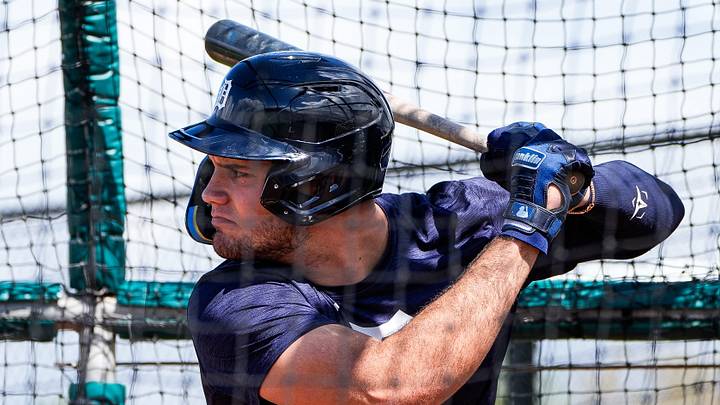 Detroit Tigers prospect Josue Briceño bats at practice during spring training at TigerTown in Lakeland.