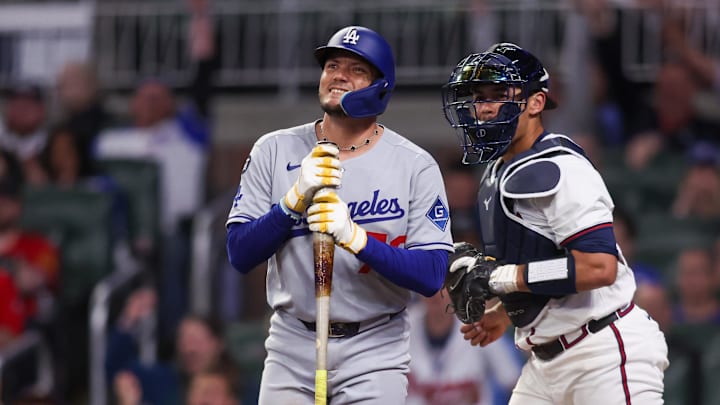 May 4, 2025; Atlanta, Georgia, USA; Los Angeles Dodgers shortstop Miguel Rojas (72) reacts after a strikeout against the Atlanta Braves in the ninth inning at Truist Park. Mandatory Credit: Brett Davis-Imagn Images May 4, 2025; Atlanta, Georgia, USA; Los Angeles Dodgers shortstop Miguel Rojas (72) reacts after a strikeout against the Atlanta Braves in the ninth inning at Truist Park. Mandatory Credit: Brett Davis-Imagn Images