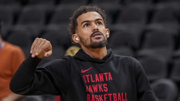 Apr 10, 2024; Atlanta, Georgia, USA; Atlanta Hawks guard Trae Young (11) shown while warming up on the court before the game Charlotte Hornets at State Farm Arena. Mandatory Credit: Dale Zanine-USA TODAY Sports