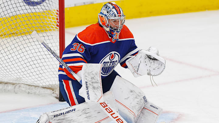 Oct 14, 2023; Edmonton, Alberta, CAN; Edmonton Oilers goaltender Jack Campbell (36) makes a save during warmup against the Vancouver Canucks at Rogers Place. Mandatory Credit: Perry Nelson-Imagn Images Oct 14, 2023; Edmonton, Alberta, CAN; Edmonton Oilers goaltender Jack Campbell (36) makes a save during warmup against the Vancouver Canucks at Rogers Place. Mandatory Credit: Perry Nelson-Imagn Images