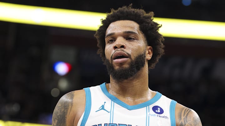 Jan 22, 2026; Orlando, Florida, USA; Charlotte Hornets forward Miles Bridges (0) looks on against the Orlando Magic in the third quarter at Kia Center. Mandatory Credit: Nathan Ray Seebeck-Imagn Images