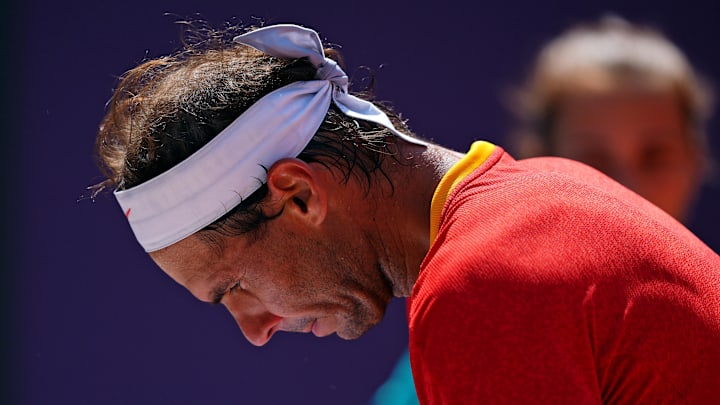 Rafael Nadal reacts to a play vs. Novak Djokovic at the 2024 Paris Olympics.