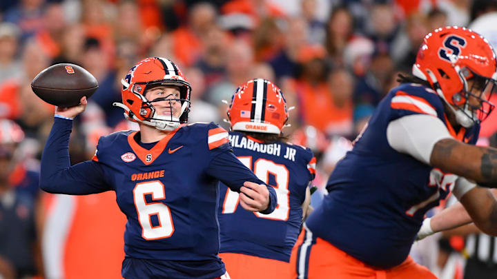 Nov 30, 2024; Syracuse, New York, USA; Syracuse Orange quarterback Kyle McCord (6) passes the ball against the Miami Hurricanes during the first half at the JMA Wireless Dome. Mandatory Credit: Rich Barnes-Imagn Images