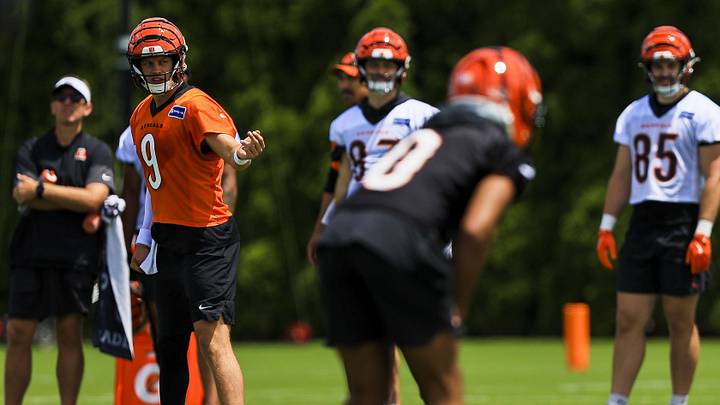 Jun 16, 2026; Cincinnati, OH, USA; Cincinnati Bengals quarterback Joe Burrow (9) plays the field during minicamp at Kettering Health Practice Fields. Mandatory Credit: Katie Stratman-Imagn Images Jun 16, 2026; Cincinnati, OH, USA; Cincinnati Bengals quarterback Joe Burrow (9) plays the field during minicamp at Kettering Health Practice Fields. Mandatory Credit: Katie Stratman-Imagn Images