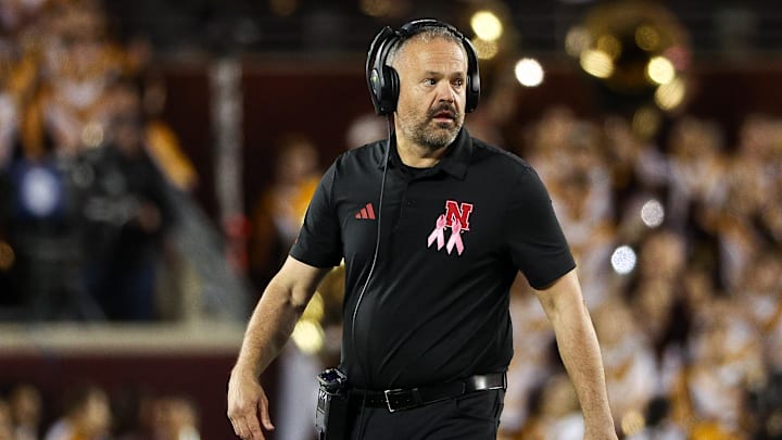 Oct 17, 2025; Minneapolis, Minnesota, USA; Nebraska Cornhuskers head coach Matt Rhule looks on during the second half against the Minnesota Golden Gophers at Huntington Bank Stadium. Mandatory Credit: Matt Krohn-Imagn Images