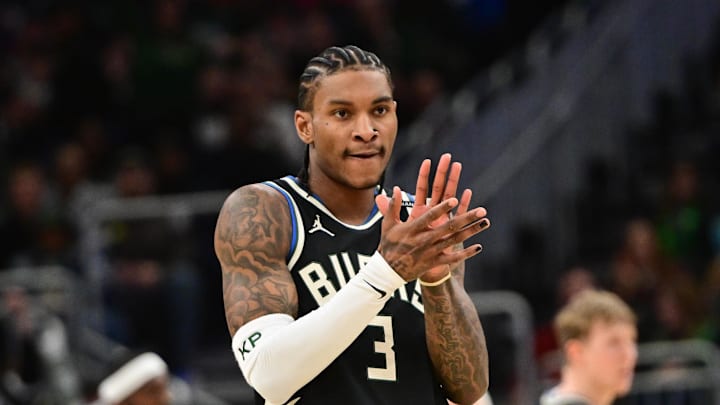 Apr 10, 2025; Milwaukee, Wisconsin, USA; Milwaukee Bucks guard Kevin Porter (3) reacts in the fourth quarter against the New Orleans Pelicans at Fiserv Forum. Mandatory Credit: Benny Sieu-Imagn Images