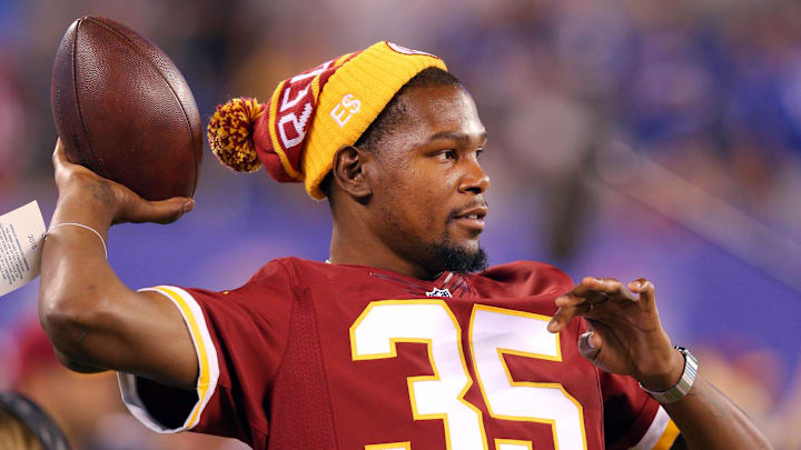 NBA player Kevin Durant on the Washington Redskins sideline before a game against the New York Giants.