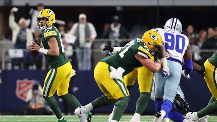 Jan 14, 2024; Arlington, Texas, USA; Green Bay Packers quarterback Jordan Love (10) drops back to pass against the Dallas Cowboys in the first half of the 2024 NFC wild card game at AT&T Stadium. Mandatory Credit: Kevin Jairaj-Imagn Images Jan 14, 2024; Arlington, Texas, USA; Green Bay Packers quarterback Jordan Love (10) drops back to pass against the Dallas Cowboys in the first half of the 2024 NFC wild card game at AT&T Stadium. Mandatory Credit: Kevin Jairaj-Imagn Images