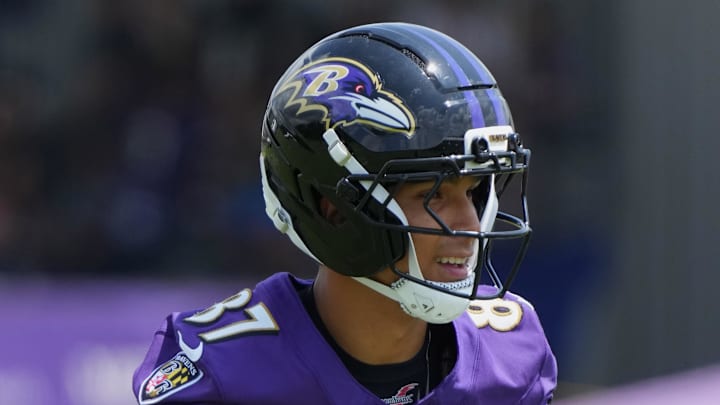 Jul 23, 2025; Owings Mills, MD, USA; Baltimore Ravens wide receiver Xavier Guillory (87) during training camp at the Under Armour Performance Center. Mandatory Credit: Mitch Stringer-Imagn Images