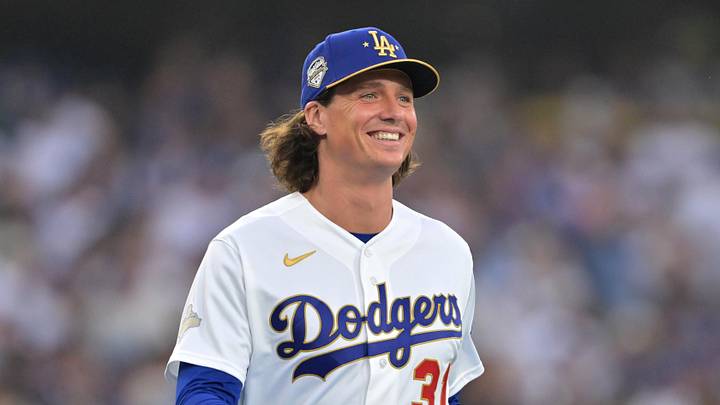 Mar 27, 2026; Los Angeles, California, USA; Los Angeles Dodgers pitcher Tyler Glasnow (31) smiles during the World Series ring ceremony before the game against the Arizona Diamondbacks at Dodger Stadium. Mar 27, 2026; Los Angeles, California, USA; Los Angeles Dodgers pitcher Tyler Glasnow (31) smiles during the World Series ring ceremony before the game against the Arizona Diamondbacks at Dodger Stadium.